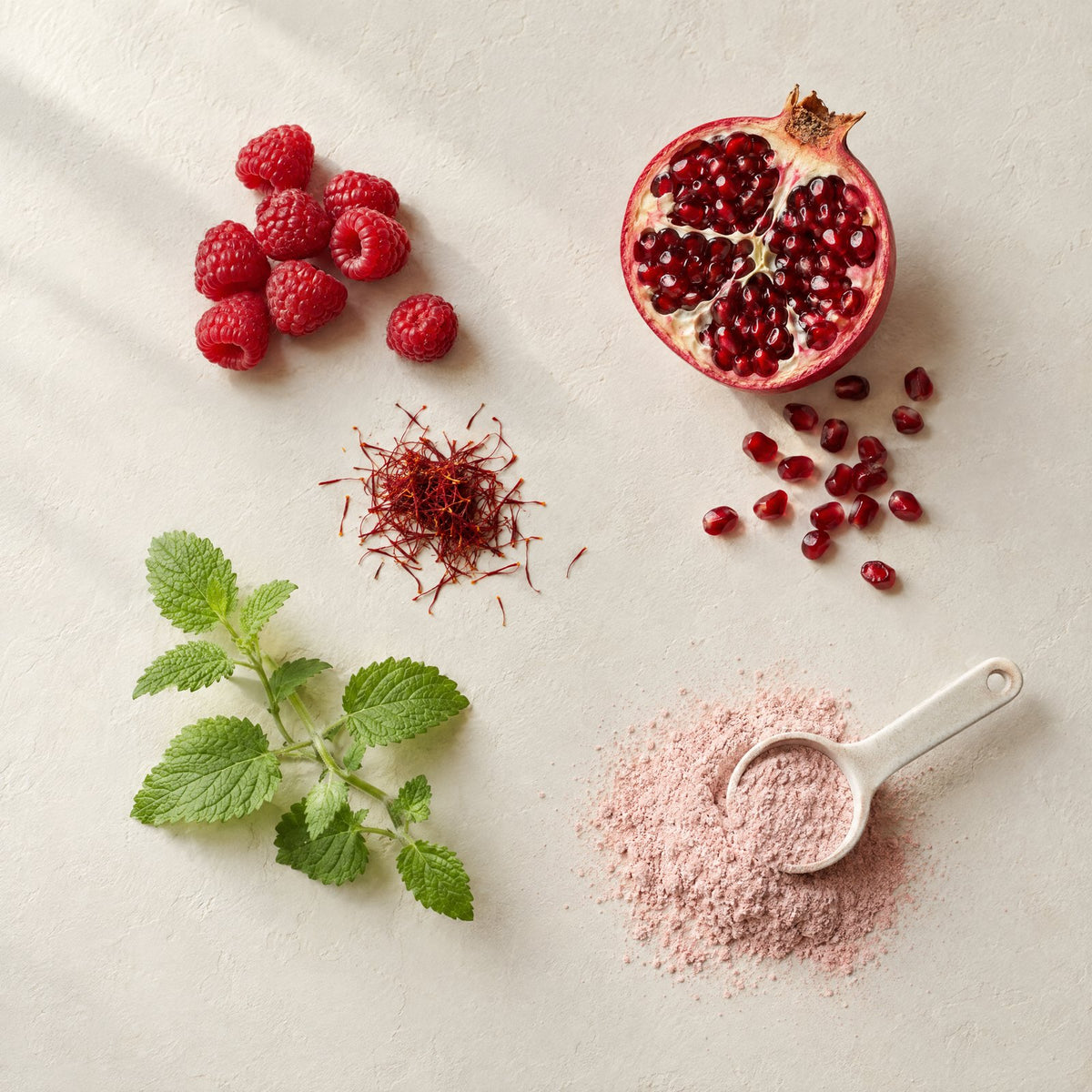 Raspberries, pomegranate, lemon balm, saffron and a scoop of ALORA powder (illustrative image)