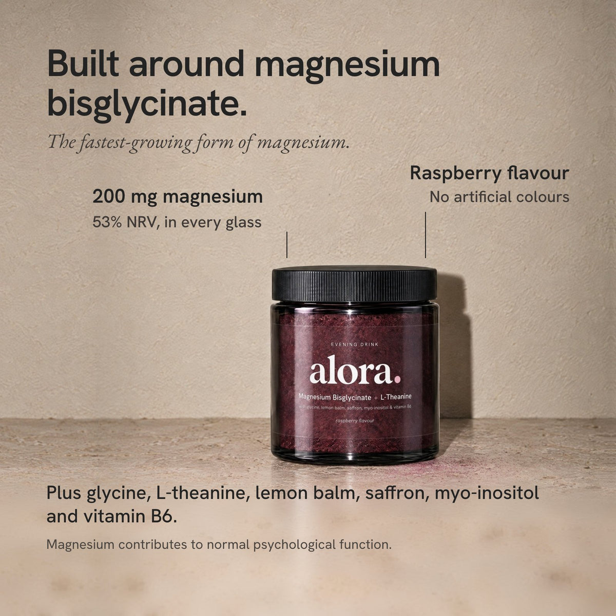 Built around magnesium bisglycinate: 200 mg magnesium in every glass, raspberry flavour, plus glycine, L-theanine, lemon balm, saffron, myo-inositol and vitamin B6.