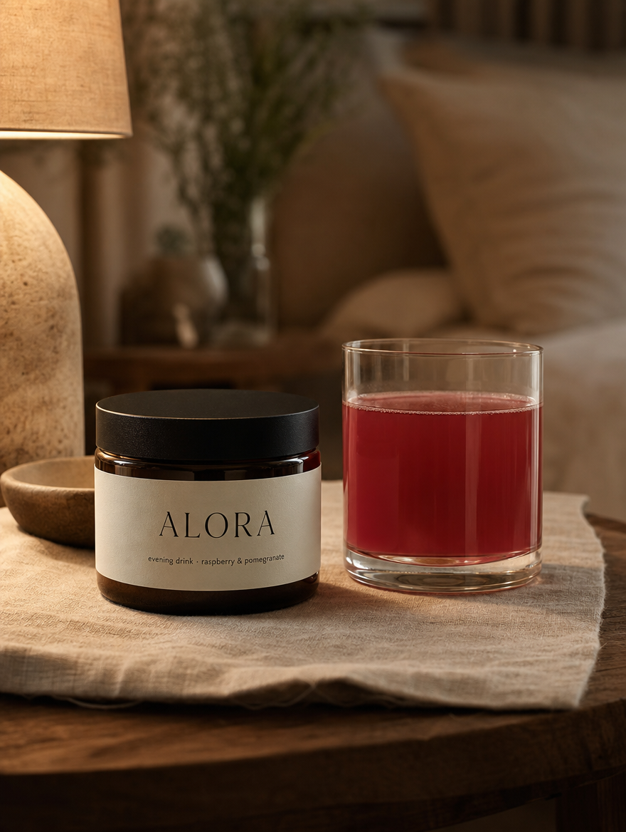 ALORA glass jar and a glass of raspberry-pink evening drink on a nightstand (illustrative render)