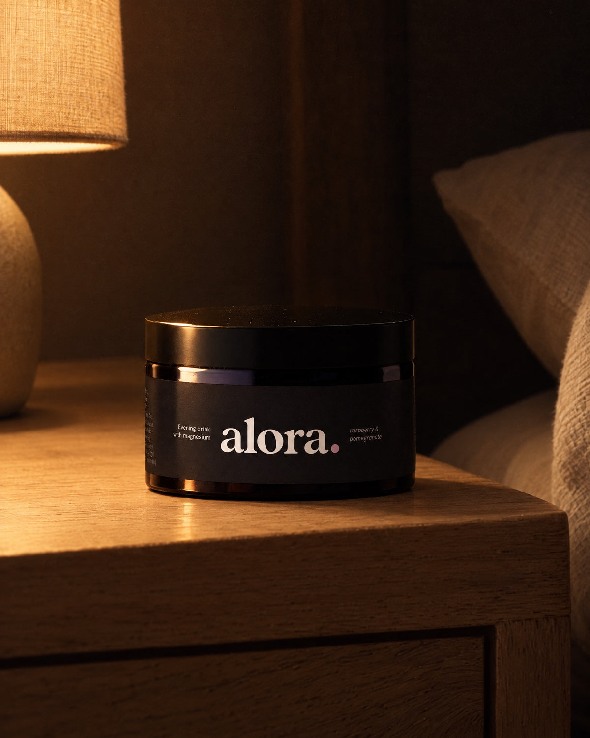 The ALORA jar on a nightstand in the evening (illustrative image)